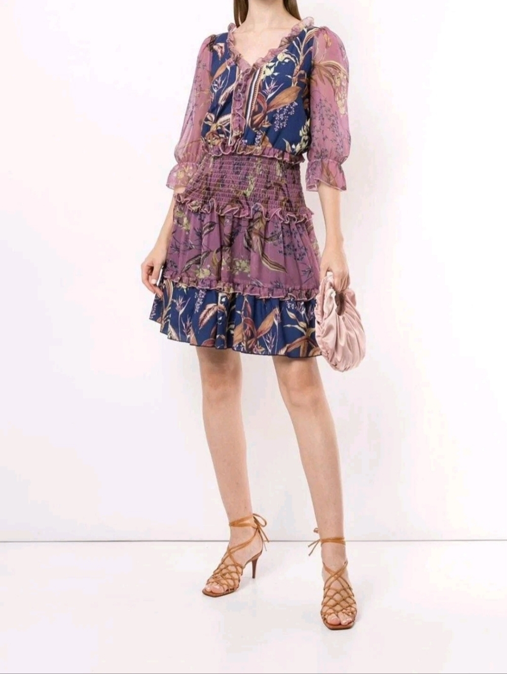 Floral Ruffled Tiered Mini Dress in Plum and Navy